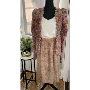 Vtg 80s L’Esprit Crochet Jacket Skirt Set Art to Wear Boho Chenille Pastel XS S